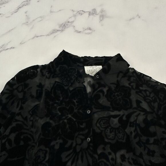 Vision Womens Vintage Y2k Velvet Floral Blouse Top Size L Black Sheer Ruffle - Picture 2 of 11
